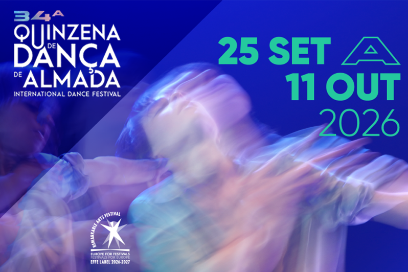 imagem desfocada de bailarina a dançar com logo da 34QDA e datas